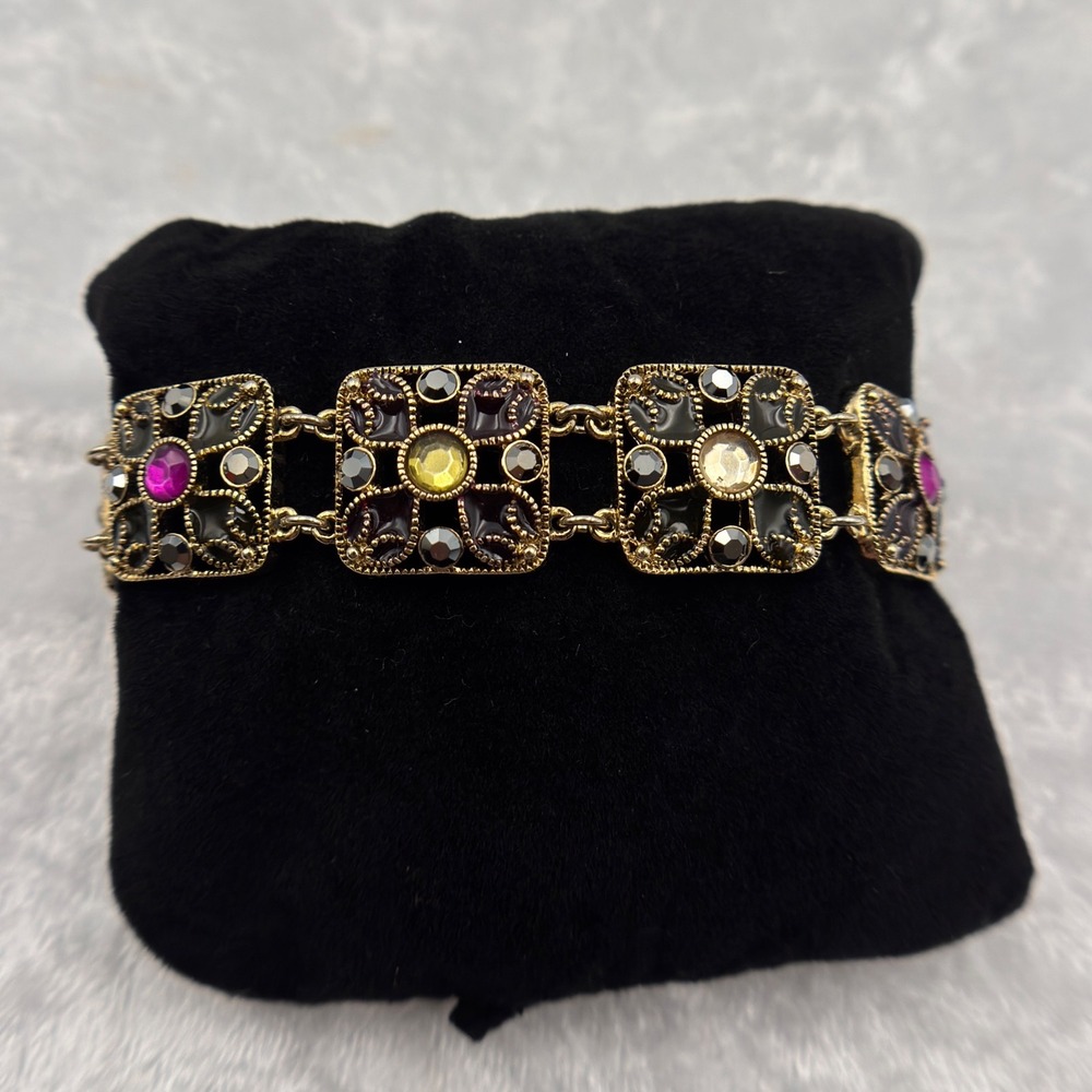 Monet Vintage Gold Tone‎ Square Panel Bracelet Multi Color Rhinestones Elegant